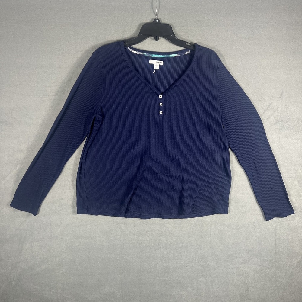 Sonoma Women's XL Navy Blue Ribbed Knit Henley Long Sleeve V-Neck Top Shirt